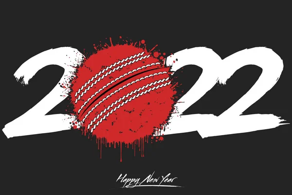 Numbers 2022 and a abstract cricket ball made of blots in grunge style. Design text logo Happy New Year 2022. Template for greeting card, banner, poster. Vector illustration on isolated background