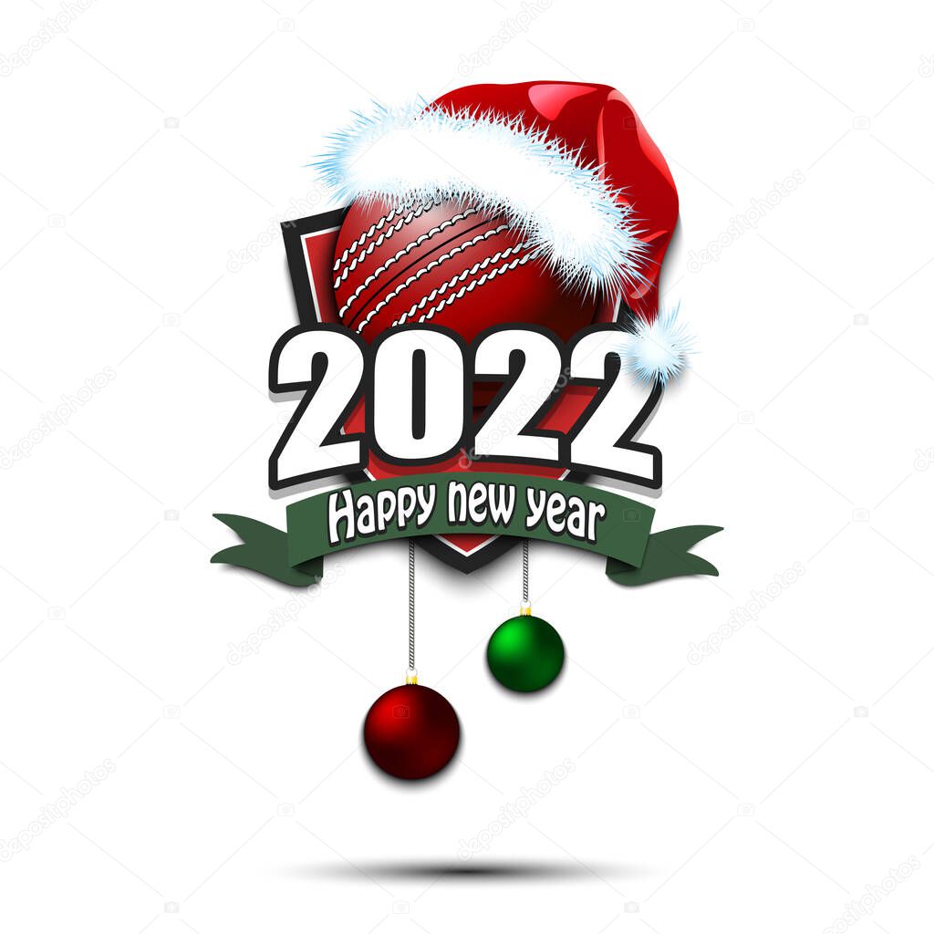 Happy new year 2022. Cricket logo template design. Cricket ball in santa hat. Design pattern for greeting card, banner, poster. Vector illustration on isolated background