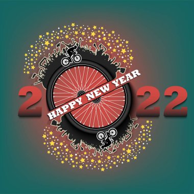 Mutlu yıllar. 2022. Bisiklet tekeri, oyuncusu ve taraftarı var. Tebrik kartı, afiş ve poster için orijinal şablon tasarımı. İzole edilmiş arkaplanda vektör illüstrasyonu