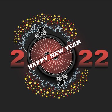 Mutlu yıllar. 2022. Bisiklet tekeri, oyuncusu ve taraftarı var. Tebrik kartı, afiş ve poster için orijinal şablon tasarımı. İzole edilmiş arkaplanda vektör illüstrasyonu