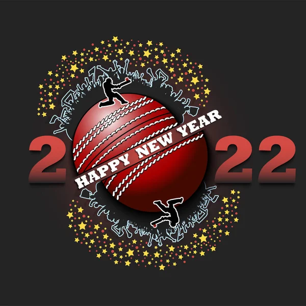 Feliz Año Nuevo 2022 Con Pelota Cricket Jugador Fans Diseño — Vector de stock