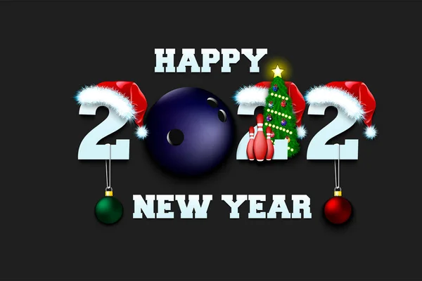 Ευτυχισμένο Νέο Έτος 2022 Μπάλα Του Μπόουλινγκ Αριθμοί Καπέλα Χριστούγεννα — Διανυσματικό Αρχείο