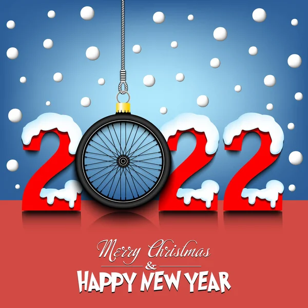 Vrolijk Kerstfeest Gelukkig Nieuwjaar Nummer 2022 Fietswiel Als Kerstversiering Hangend Stockillustratie