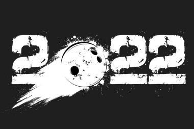 2022 numaralar ve Samanyolu 'nun grunge tarzında yaptığı uçan soyut bowling topu. Mutlu yıllar 2022. Tebrik kartı için tasarım şablonu. İzole edilmiş arkaplanda vektör illüstrasyonu