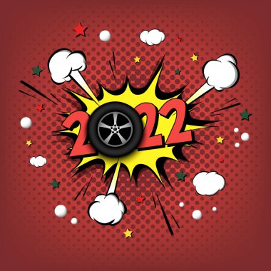 Yeni yıl numarası 2022 ve araba tekerleği pop sanatında. Konuşma baloncukları üzerine çizgi roman metni. Ses efekti. Tebrik kartı, afiş, klasik çizgi roman, poster dizaynı. Vektör illüstrasyonu