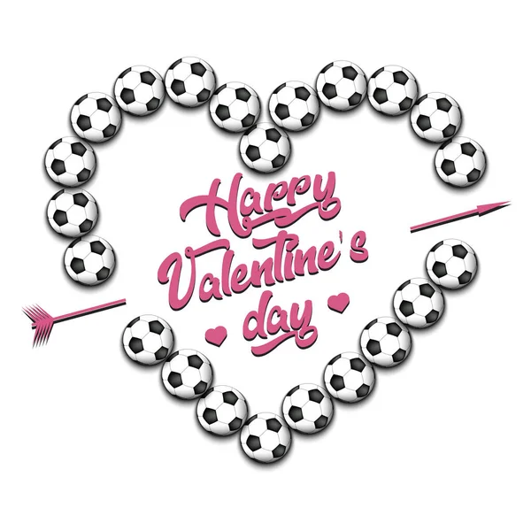 Днем Святого Валентина Футбольные Мячи Выложены Форме Сердца Дизайн Поздравительной — стоковый вектор