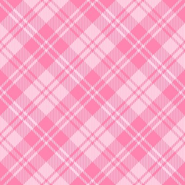 Çapraz tartan sevgililer günü ekoseli. Pembe ve beyaz kafes içinde İskoç deseni. İskoç kafesi. Geleneksel İskoç geçmişi. Kusursuz kumaş dokusu. Vektör illüstrasyonu
