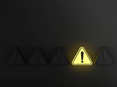 Siyah arkaplanda uyarı işareti. Tek sarı ışığın 3B yansıması.