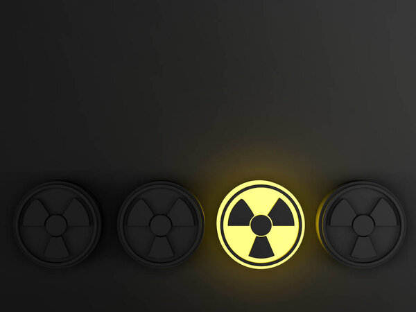 Предупреждающий знак радиационной опасности на черном фоне с желтым однократным трехмерным рендерингом