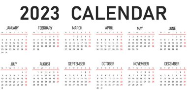 2022 ve 2023 yıllarının yatay vektör tasarımı. 2022 ve 2023 takvimlerinde organizasyon ve iş için beyaz arka plan. Hafta pazartesi başlıyor.