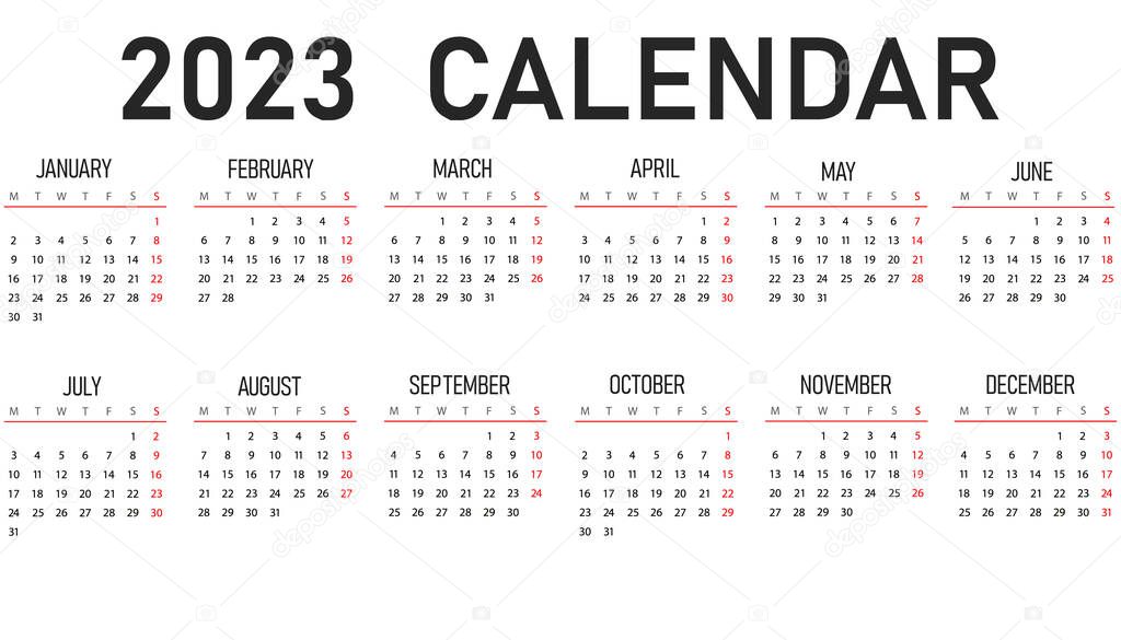 Horizontal vector design of 2022 and 2023 year calendars. 2022 and 2023 calendar on white background for organization and business. The week starts on Monday