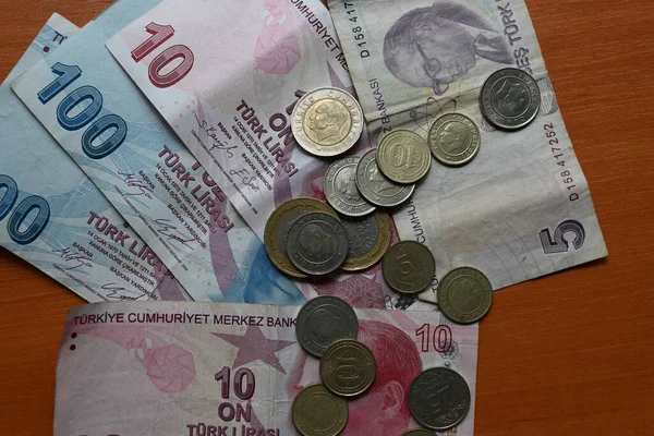 Turkish Lira Banknotes Economy Concept Turkish Lira Background Selective Focus — Foto Stock