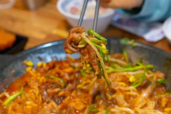 Kore usulü bebek ahtapot biftek ve fasulye filizi ile kızartılmış Kore baharatlı yemekleri, bir restoranda çekilmiş.