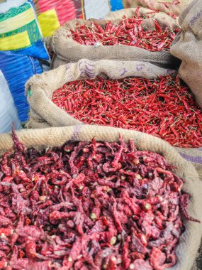 Devaraja pazarında, Mysore 'ın merkezinde, Karnataka' da sergilenen güneşte kurutulmuş biber dolu büyük bez torbaları..