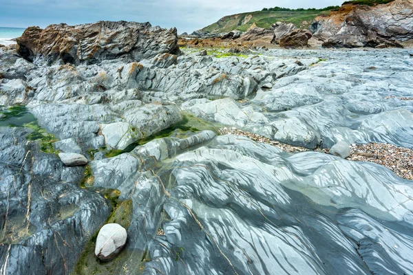 Dramatic National Trust Unspoilt Beach Cove Interesting Rock Formations Base — Stock Photo, Image