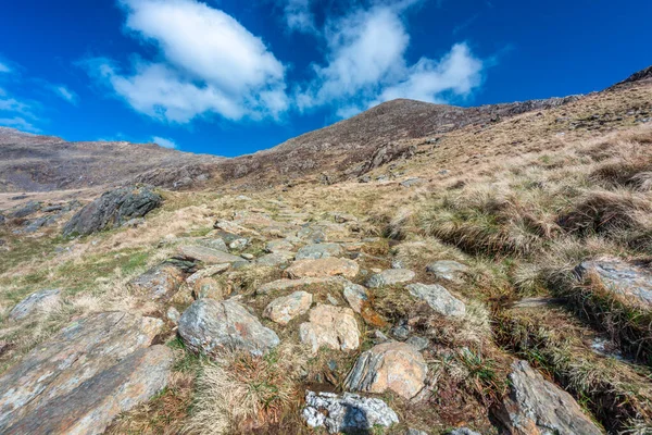 A long and steep route up to the summit of Mount Snowdon,on a sunny day in March with rocky narrow paths,loose scree and beautiful views of Snowdonia National Park.