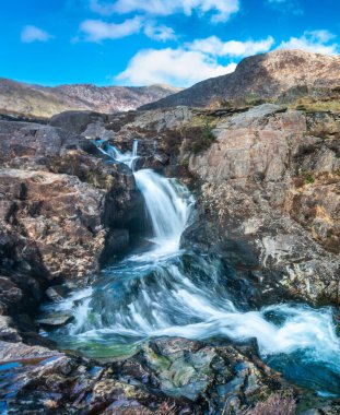 Kuzey Galler 'deki kar dağlarından akan temiz ve temiz bir kaynak suyu, Mart ayı ortasında güneşli bir günde.