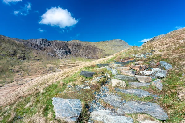 A long and steep route up to the summit of Mount Snowdon,on a sunny day in March with rocky narrow paths,loose scree and beautiful views of Snowdonia National Park.