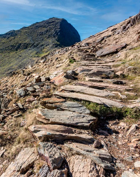 A long and steep route up to the summit of Mount Snowdon,on a sunny day in March with rocky narrow paths,loose scree and beautiful views of Snowdonia National Park.