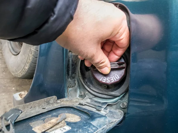 English Petrol Filling Station Customer Old Diesel Van Replaces Petrol — Stock Photo, Image