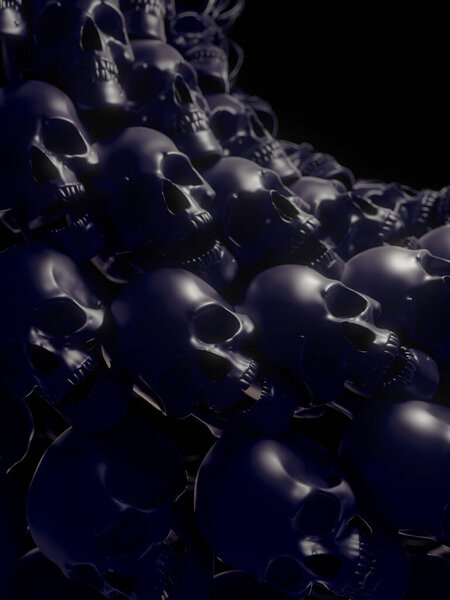 Wall of black shiny skulls that open their mouths with depth of field effect. Abstract pattern background. 3d rendering digital illustration