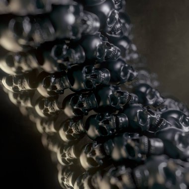 3D, dijital illüstrasyonu alan etkisine sahip siyah parlak kafataslarından oluşan bir sütun haline getiriyor. Soyut kalıp arkaplanı