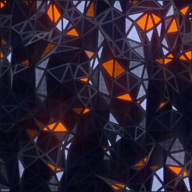 Parlak renkli alanları olan üçgen kristal bir arka plan. Parlak koyu desenli. 3d dijital resimleme