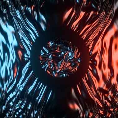 Dalgalı 3D, kırmızı ve mavi yansımalı siyah parlak bir kumaşın dijital çizimi. Başlık veya logo entegre etmek için yeterli alanı olan güzel bir kavram. Yaratıcı sanat arkaplanı