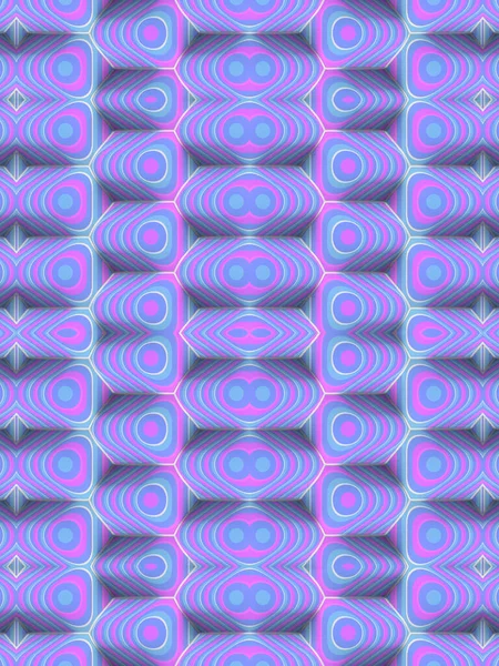 Kaleidoscopic pattern of rounded rectangles covered with neon colored striped texture. Modern background design. Abstract geometric shape. Bright graphic texture. 3d rendering digital illustration