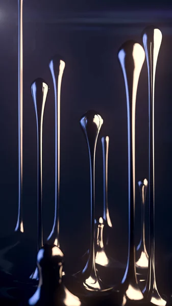 上に流れる液体金属のストリーム鮮やかな液滴 現代的な光沢のある背景 3Dレンダリングデジタルイラスト アブストラクトテクスチャ — ストック写真