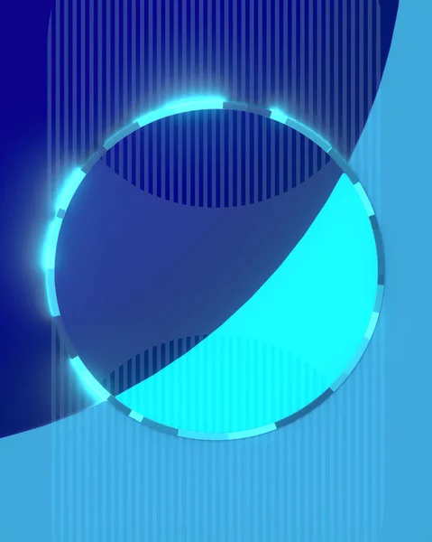 Geometric composition of blue colored rounded figures with a luminous ring in the center. Abstract minimal art design. 3d rendering digital illustration