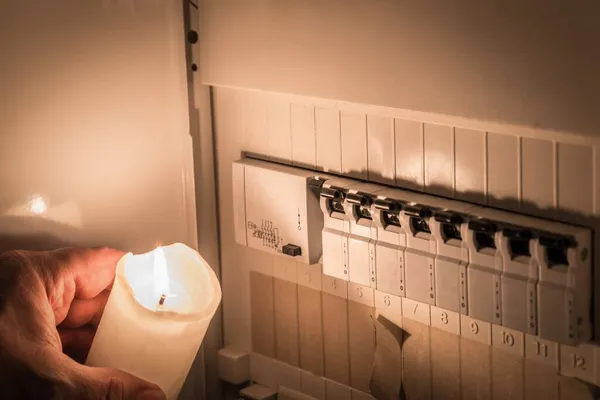 Fuse box with fuses in a distribution box during a power outage illuminated with white candle held by a man, Germany