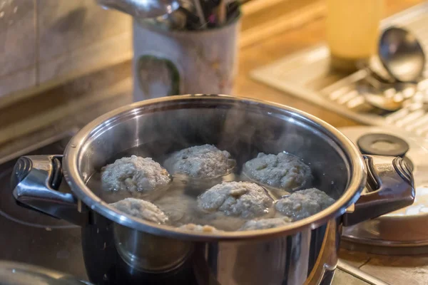 Close Homemade Bread Dumplings Dumplings Hot Water Cooking Pot Sporák — Stock fotografie