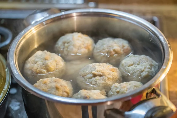 Close Homemade Bread Dumplings Dumplings Hot Water Cooking Pot Sporák — Stock fotografie