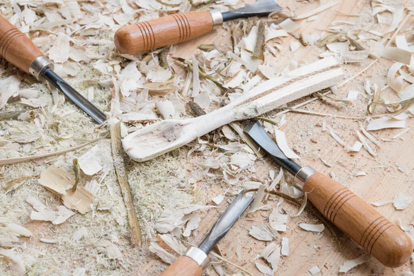 Self Carved Wooden Spoon Cooking Spoon Pan Scraper Fork Worked — Stock Photo, Image