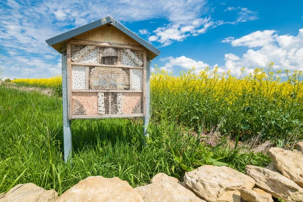 Alman yazıtlı sarı çiçekli bir tecavüz tarlasının yanındaki çayırdaki arı kovanı ve böcek oteli.