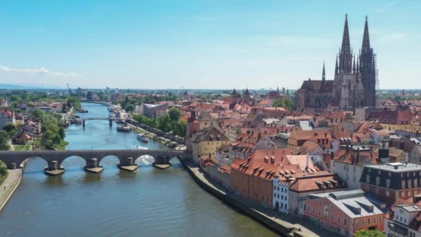 Imágenes Ciudad Ratisbona Baviera Con Río Danubio Catedral Puente Piedra — Vídeo de stock