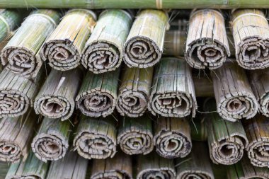 Tayland 'da kırsal ve tepe köylülerine ait doğal evler inşa etmek için kullanılacak bambu işlemleri için seçici bir odak noktası. Düşük maliyetli bambu güzel bir doğal yuva oluşturuyor. doğal iyileşme kavramı
