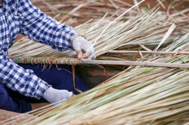 Seçici odaklanma. Büyükannenin eli Tayland 'da kırsal bir köyde saman çatılı doğal ev çatısı inşa ediyor.