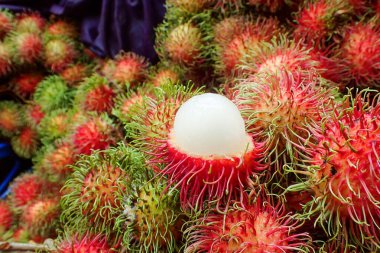 Rambutan geniş kovanına odaklan. Sert ve iştah açıcı olan beyaz eti göster. Taze meyve pazarında yağmur mevsiminde Tayland bahçesinden kırmızı kabuklu meyveler.