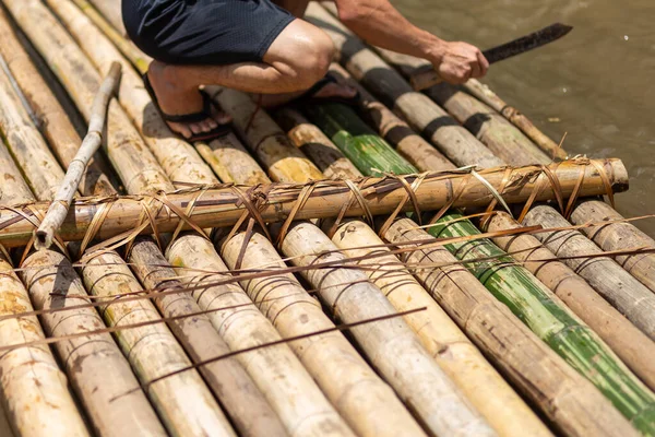 Jangada Bambu Foco Seletivo Com Todos Componentes Bambu Usos Bambu — Fotografia de Stock