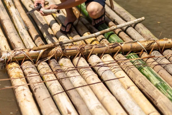 Jangada Bambu Foco Seletivo Com Todos Componentes Bambu Usos Bambu — Fotografia de Stock