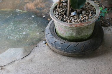 Yakın plan, eski motosiklet yarış lastikleri, saksı olarak kullanılmak üzere tasarlanmış. Atıkları azaltmanın, küresel ısınmayı azaltmanın faydalarına sahip olmak için geri dönüşüm