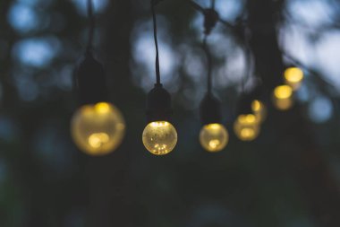 Yakın plan, eski moda turuncu ampul. Parktaki eski asma dekorasyonu çok güzel görünüyor. Ev dekorasyonu da turuncu ampullerle dekore edilmiş..
