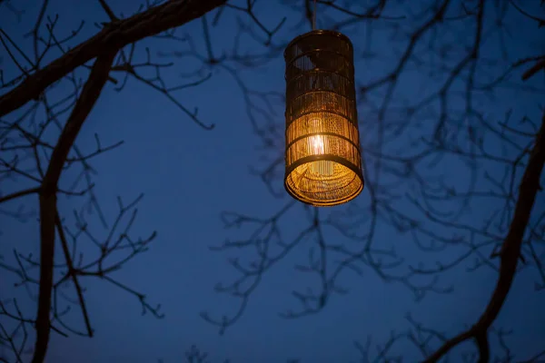 Kapalı Kaliteli Lambalar Turuncu Işıklar Geceyi Aydınlatan Ağaç Evin Önündeki — Stok fotoğraf