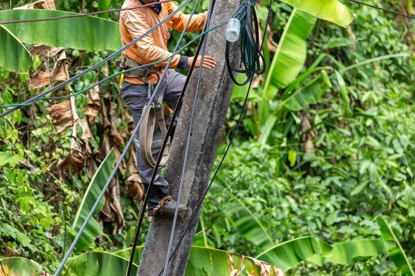 Trabalhadores Eletricistas Com Ferramentas Para Cortar Conectar Fios Suba Poste — Fotografia de Stock