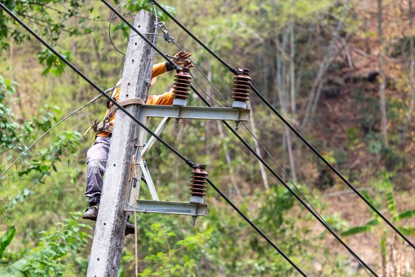 Los Postes Eléctricos Rurales Están Siendo Reparados Por Electricistas Que — Foto de Stock