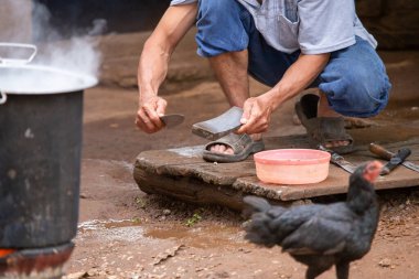 Seçici odak, kırsal kesimdeki köylülerin elleri bıçak yağdırıyor ve çiftliğe hayvanları getirmek için bir soba kuruyor. Aileleri ve arkadaşlarıyla yemek yapmak için..