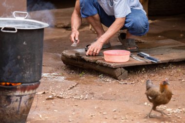 Seçici odak, kırsal kesimdeki köylülerin elleri bıçak yağdırıyor ve çiftliğe hayvanları getirmek için bir soba kuruyor. Aileleri ve arkadaşlarıyla yemek yapmak için..