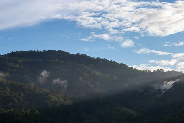 山水雾云后的雨下在山上 明亮的天空给人以清凉 清爽的感觉 背景的明亮图像 — 图库照片